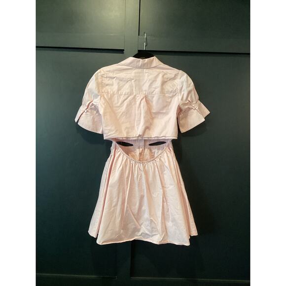 Self Portrait cut out shortsleeve flare mini dress powder pink organic cotton 4 - Picture 4 of 8